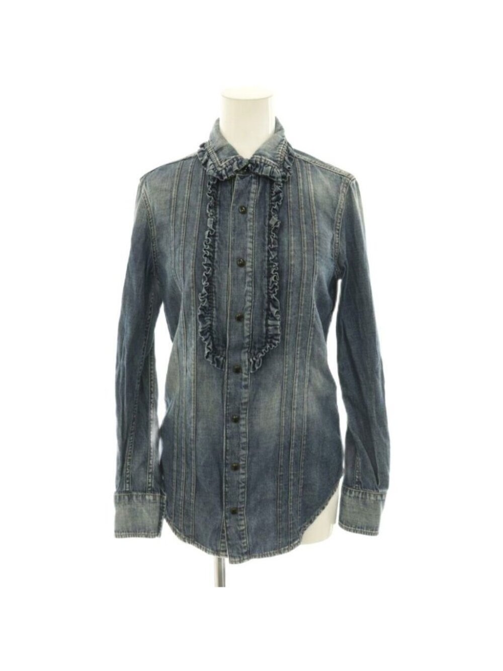Saint Laurent Paris Ruffle Denim Shirt Cotton Long Sleeve Indigo XS